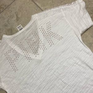 Pink Victoria’s Secret Rose Studded Logo White Tee Shirt